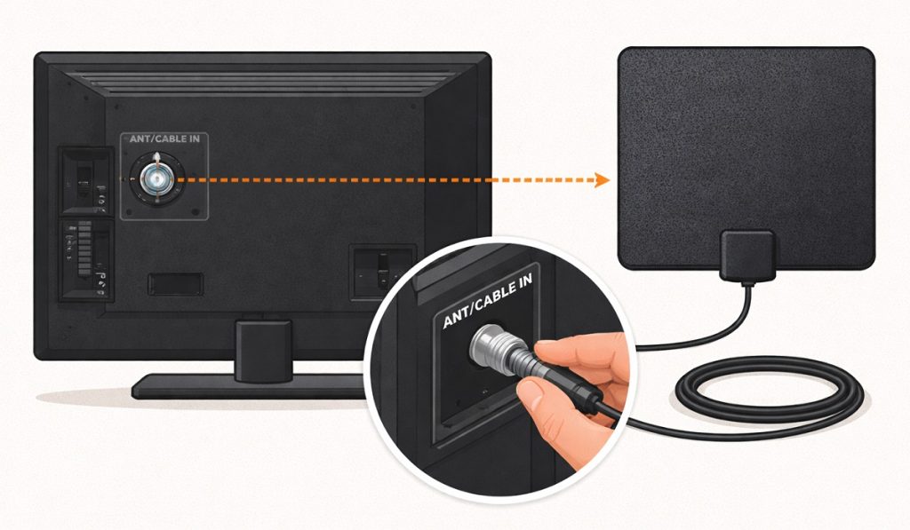 To connect an antenna to your TV, plug in the coaxial cable into the ANT/Cable In port.