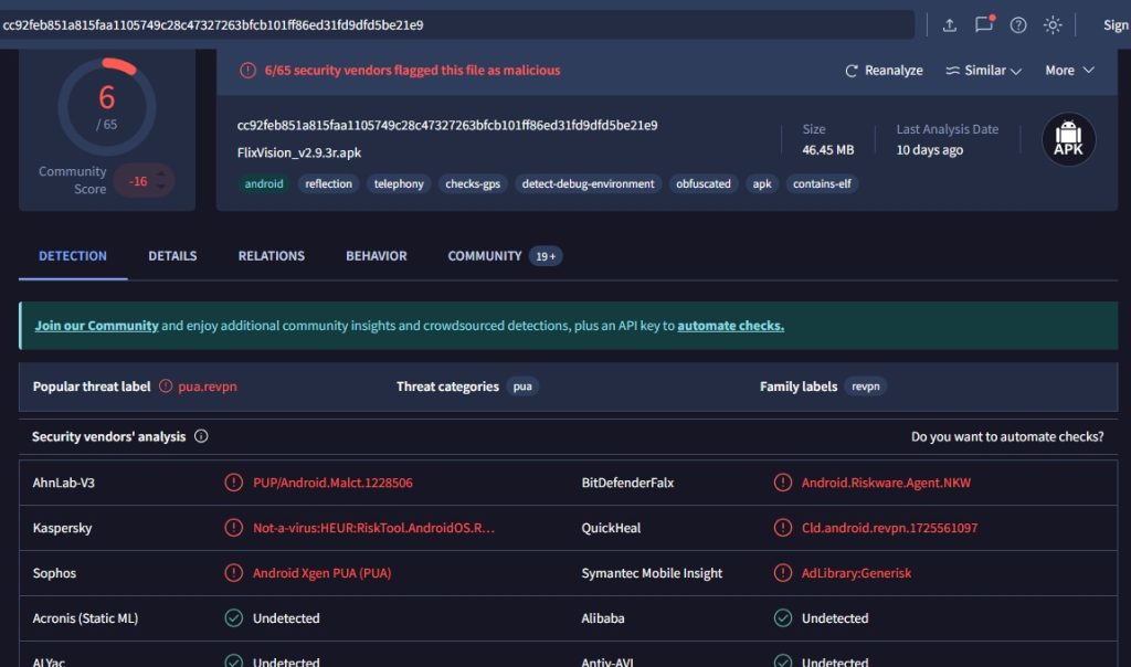 A screenshot showing a virus scan of Flix Vision, one of the popularly sideloaded apps on Amazon Fire TV Sticks.