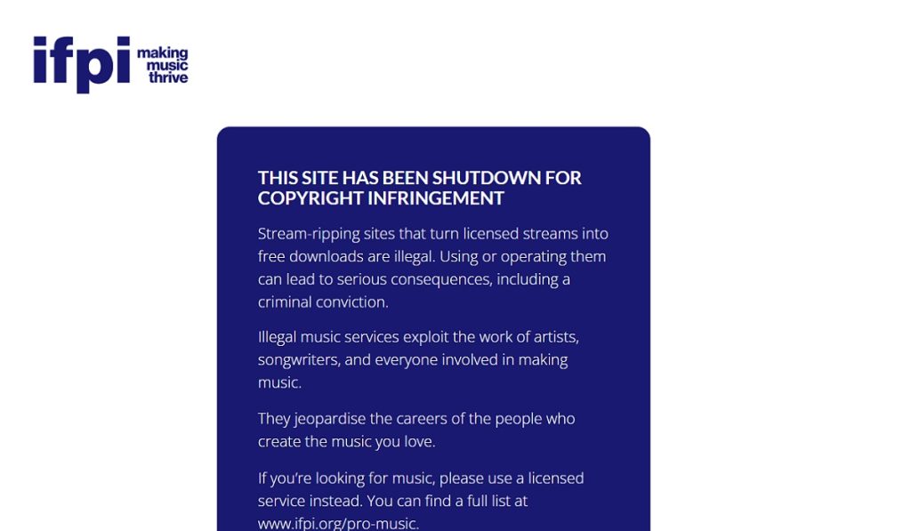 The seizure banner that thas been visible on Y2mate.com since the site was shut down.