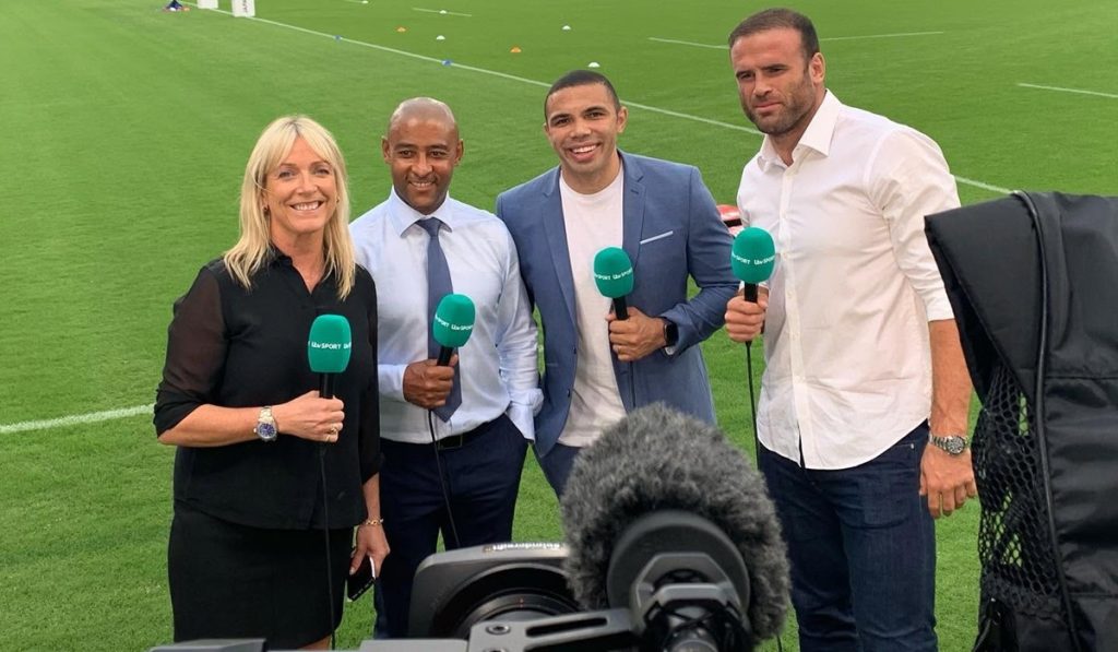 Jill Douglas (left) with the ITV rugby coverage crew reporting pitchside