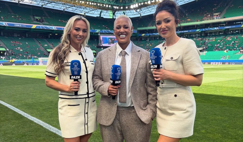 Lianne Sanderson (centre) covering the UEFA Women's Champions League for DAZN.