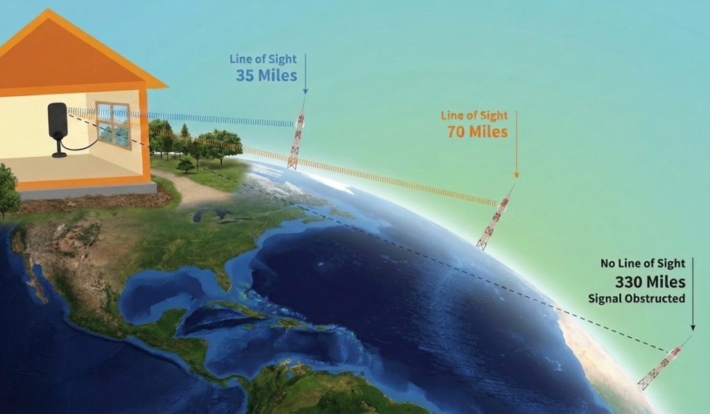 TV signals generally travel in straight line-of-sight and are limited by the radio horizon.