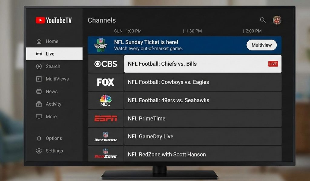 In addition to the NFL Sunday Ticket, YouTube TV features several channels that offer live local and national NFL games.