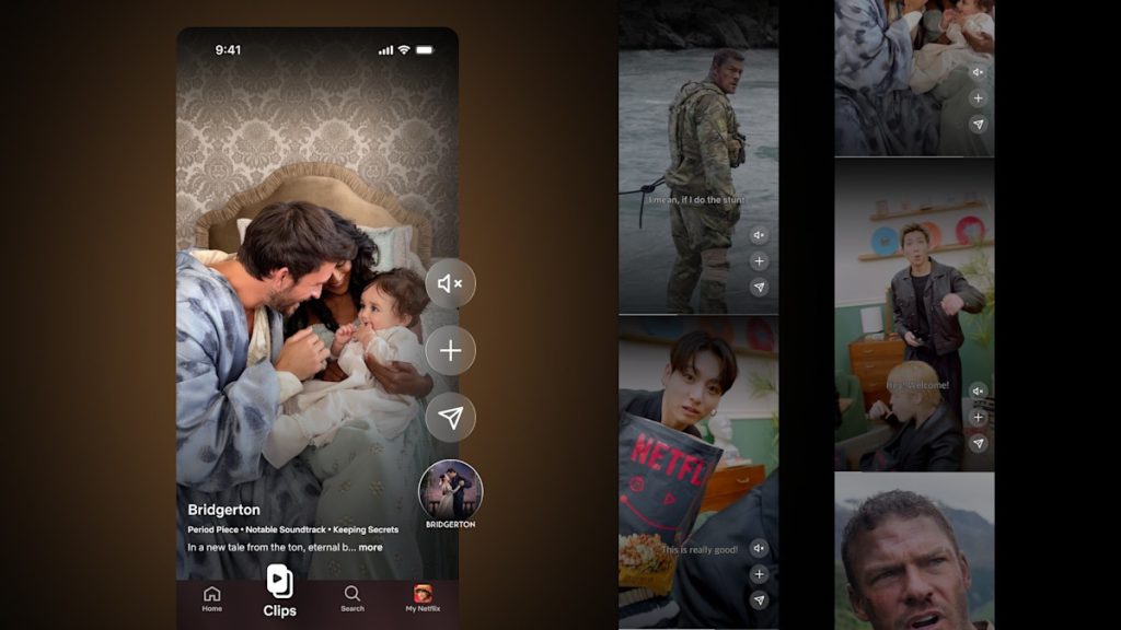 The new Netflix Clips feature offers a TikTok-style vertical video feed. 