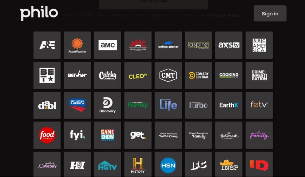 Philo's channel lineup mainly features entertainment channels.