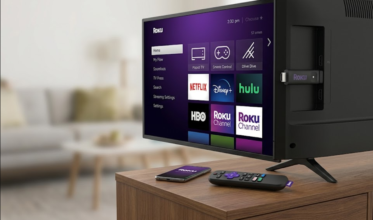 Roku streaming stick inserted in a TV