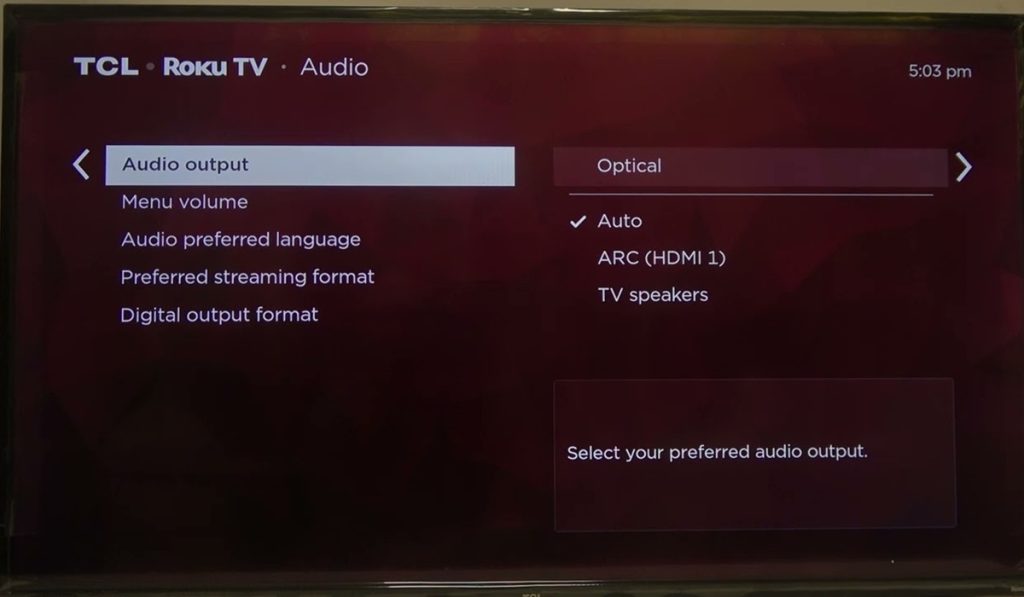 You must select the right audio output on the TV to receive sound on your Roku soundbar. 