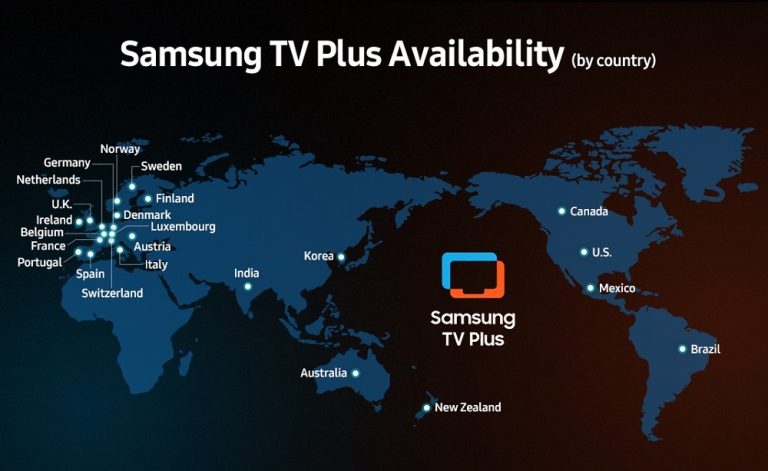 A map showing some of the countries where Samsung TV Plus is available.