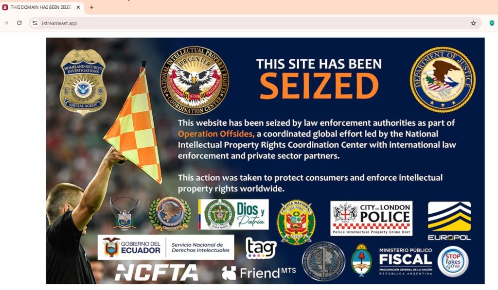 Well-known illegal streaming sites, such as StreamEast, are now displaying seizure warnings from the Department of Justice and Homeland Security Investigations.