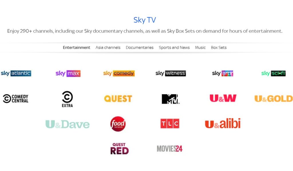 Some of the entertainment channels on Sky Signature.