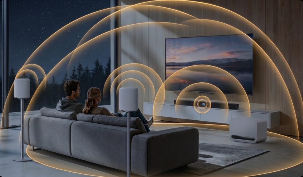 You can expand the soundbar into a 5.1.2 surround sound system