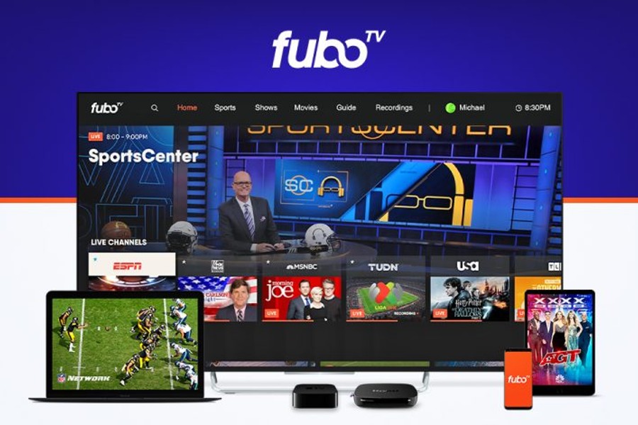 FuboTV’s homepage interface on multiple devices, highlighting its cross-platform accessibility.
