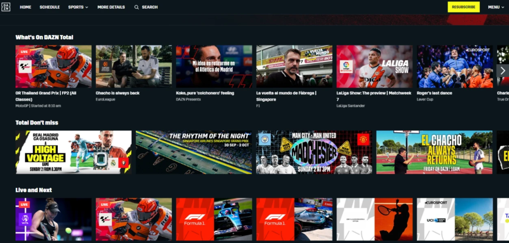 DAZN homepage