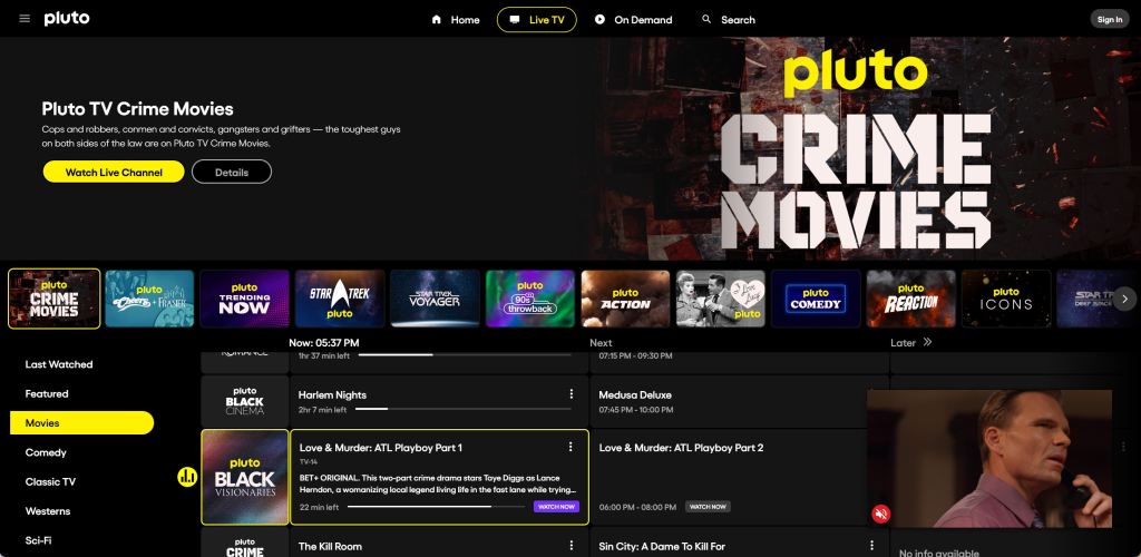 Pluto live tv page