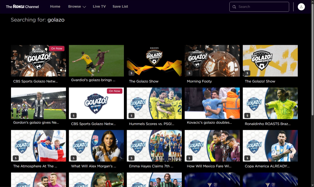 CBS Golazo content on Roku