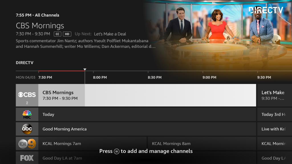 DIRECTV showing the CBS channel