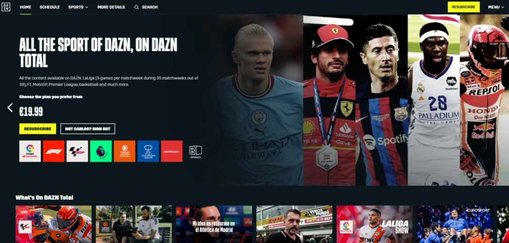 DAZN homepage