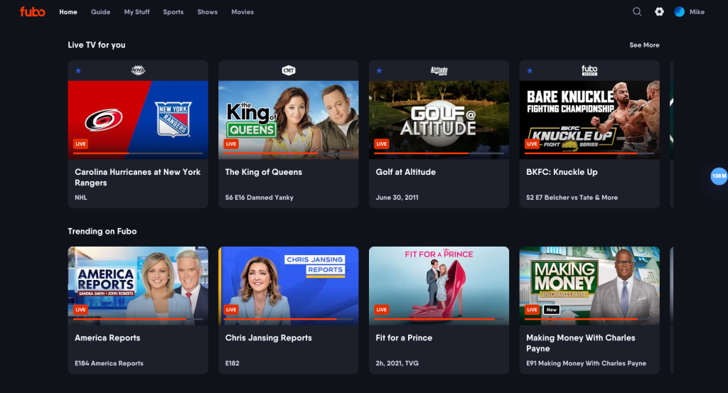 fubo TV homepage
