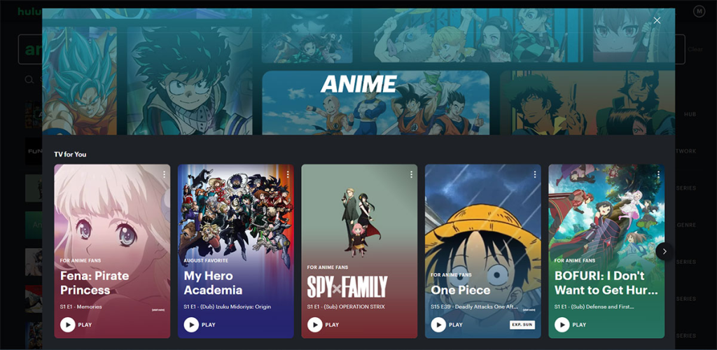 Hulu Anime page