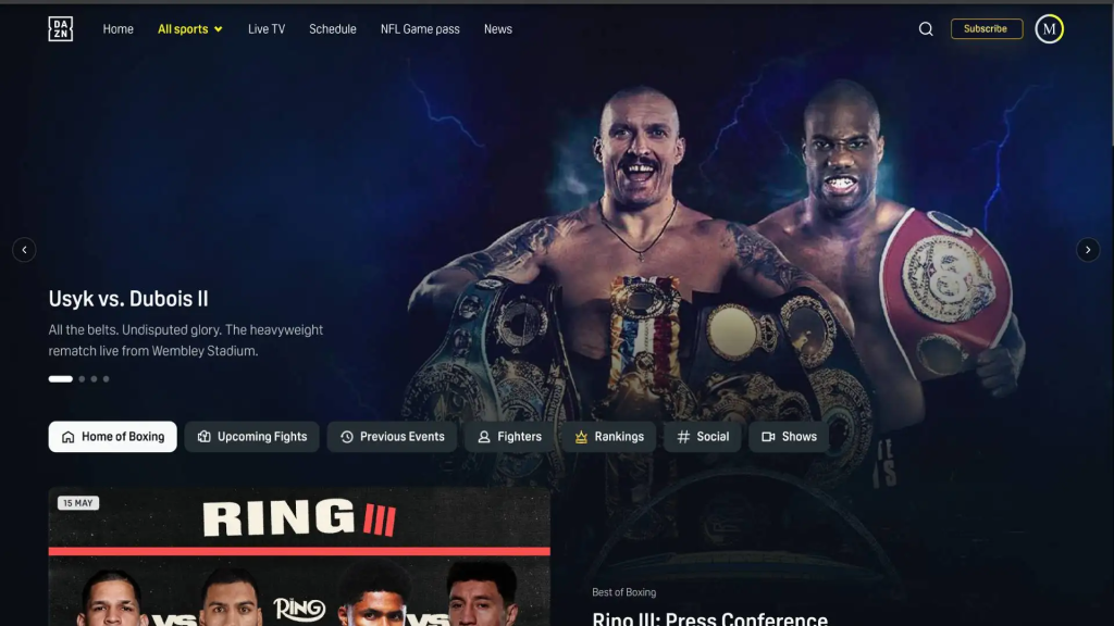 DAZN homepage