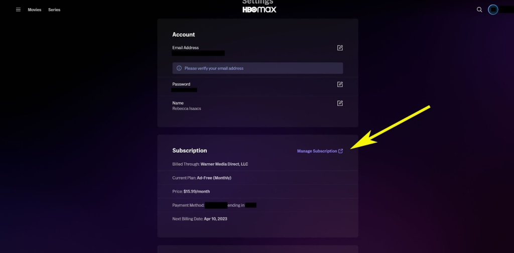 HBO max subscription page