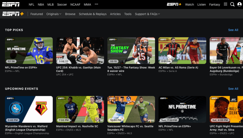 ESPN+ homepage