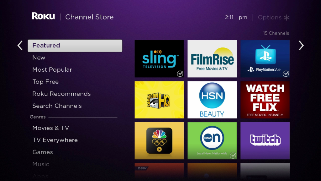 various apps for on Roku Channel store