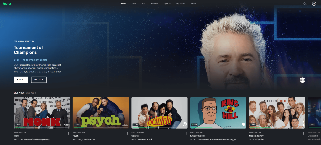 Hulu + Live TV homepage