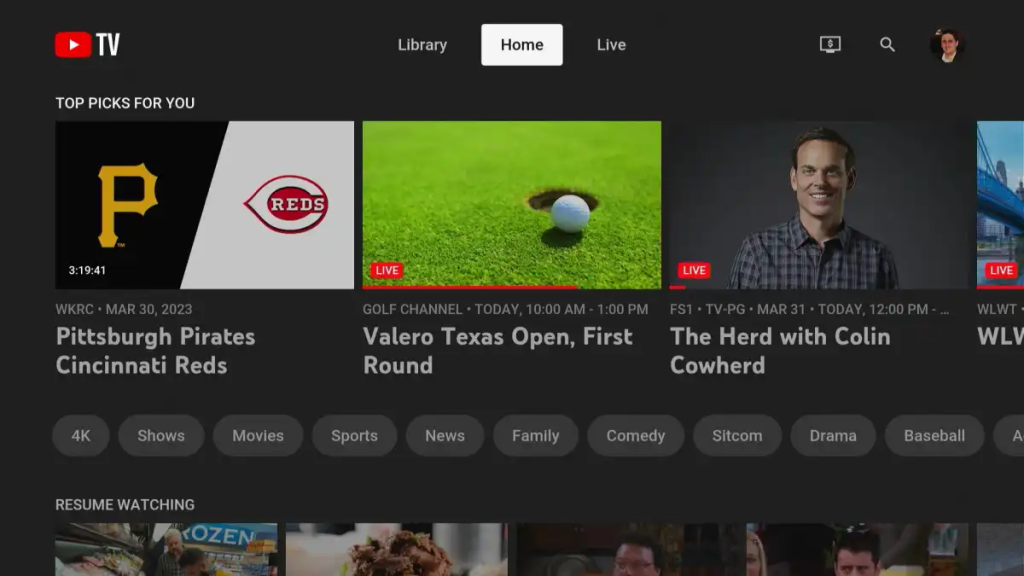 YouTube TV homepage