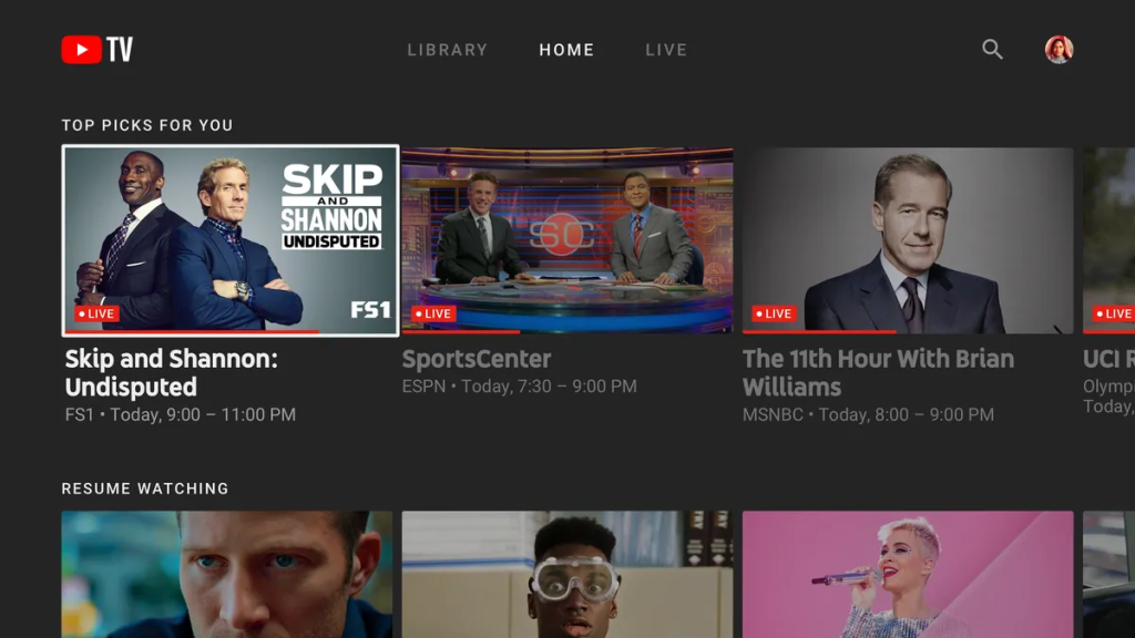 YouTube TV homepage