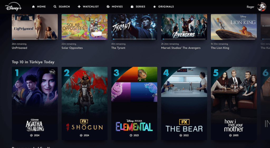 Disney+ homepage