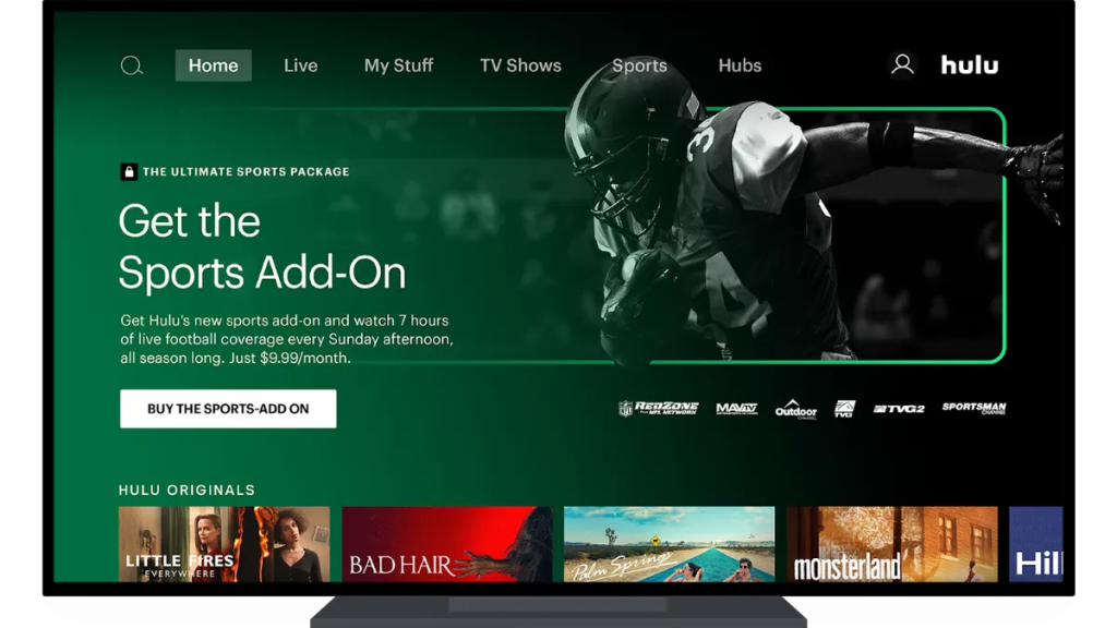 Hulu live tv homepage on a television