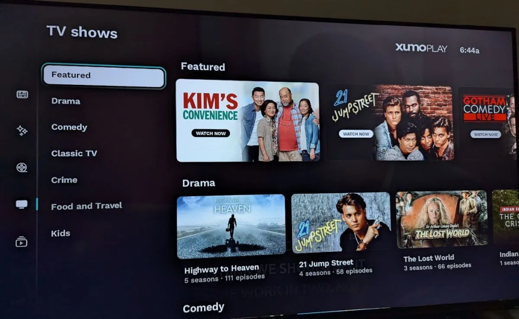 Xumo Play TV homepage
