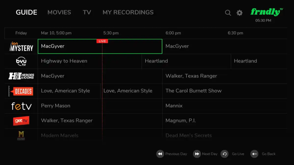 Frndly TV channel list page