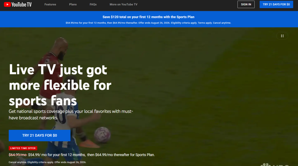 YouTube Sports Plan landing page