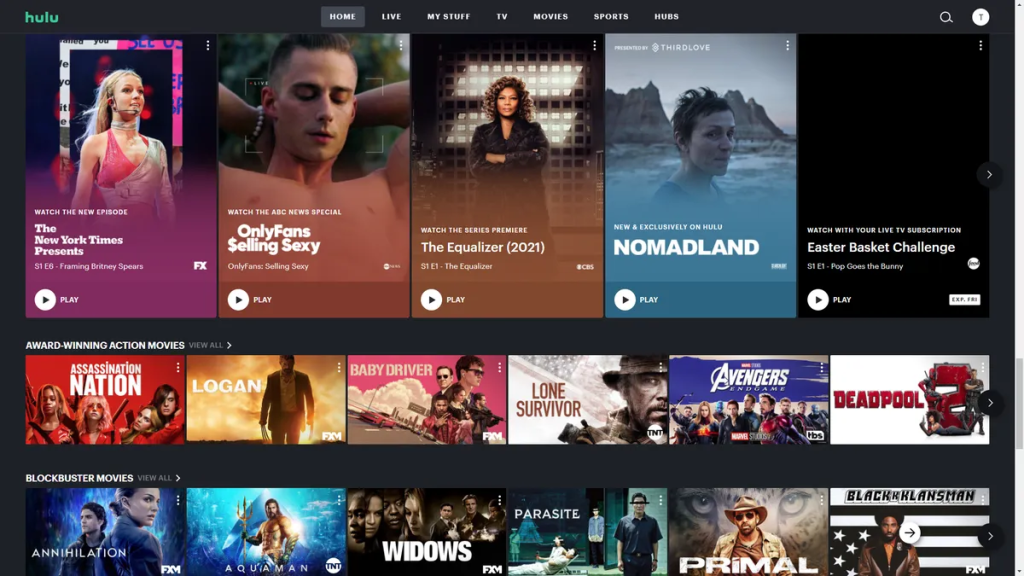 Hulu + Live TV homepage