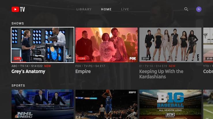 YouTube TV homepage