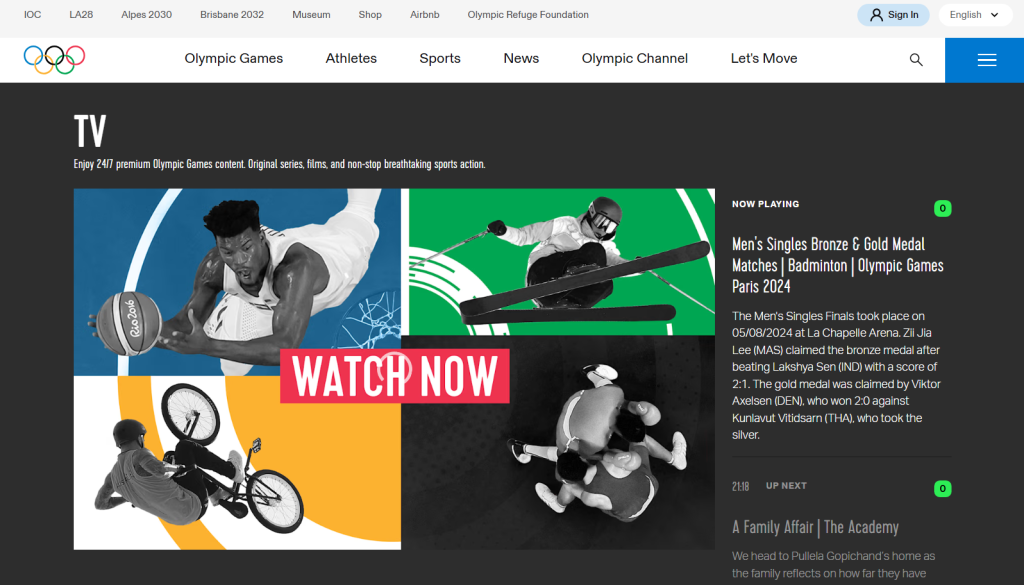 The Olympic Channel homepage
